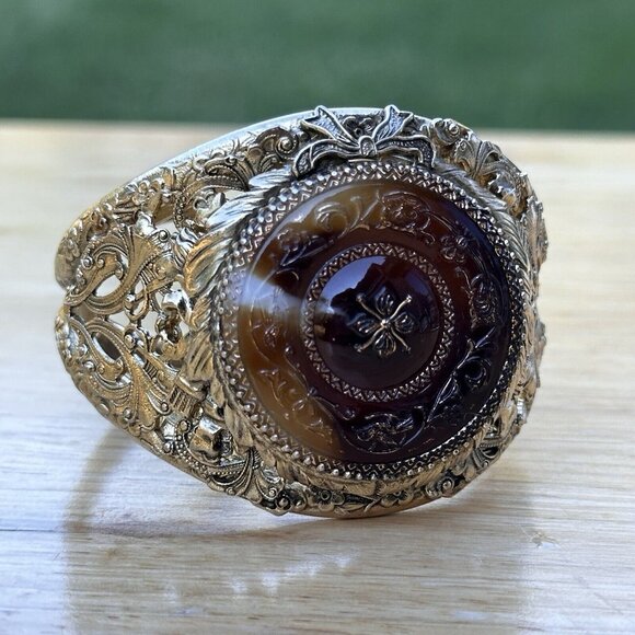 VTG Whiting Davis Hinged Bracelet 6.25 Medallion Floral Glass Gold Plated Rare - Picture 2 of 12